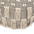 Angelic Handcrafted Fabric Pouf With Tassels, Ivory Ivory Fabric