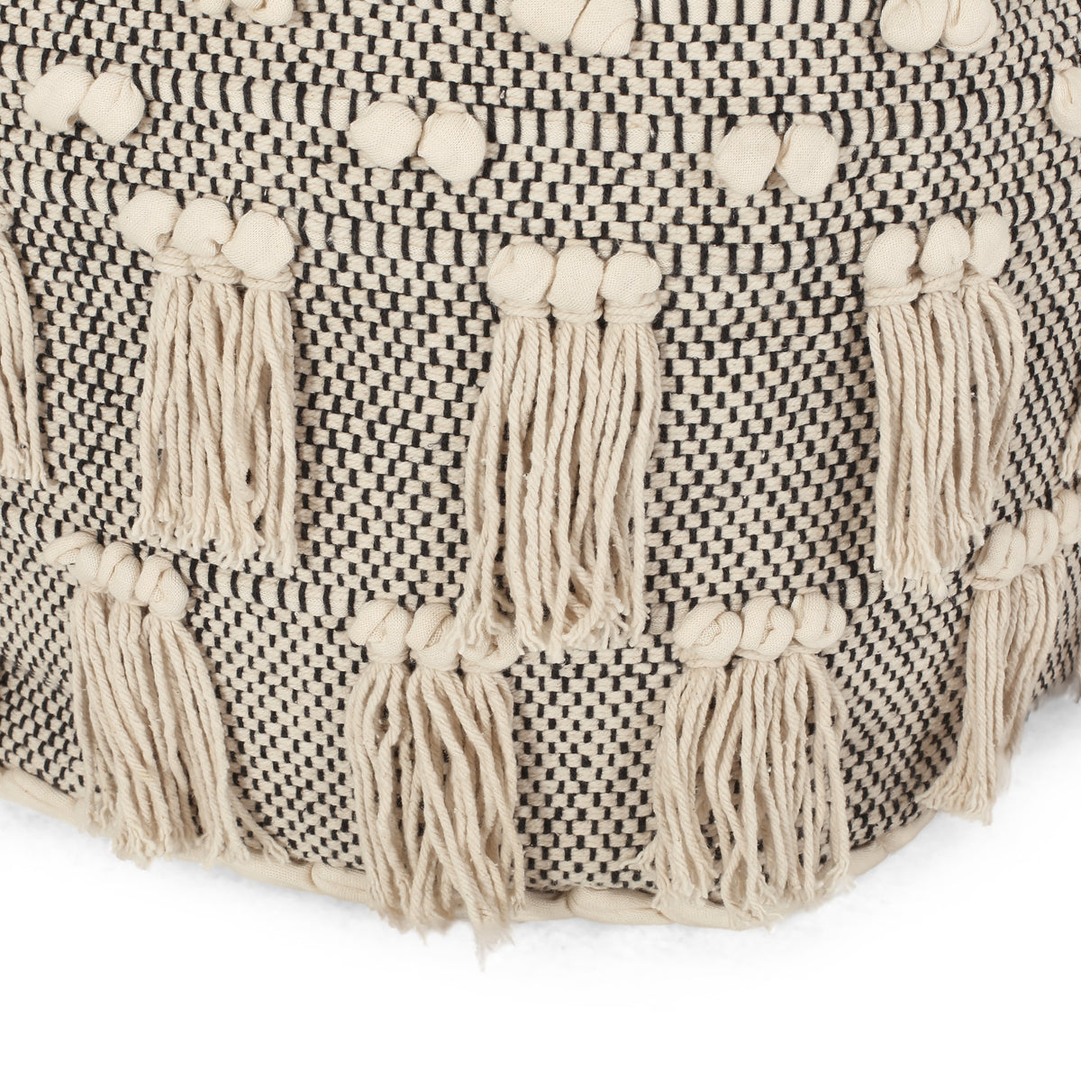 Angelic Handcrafted Fabric Pouf With Tassels, Ivory Ivory Fabric