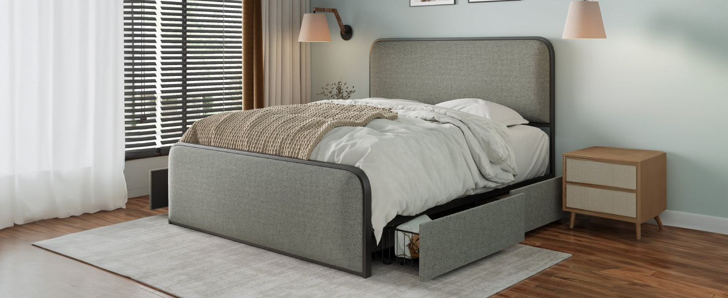 Modern Metal Bed Frame With Curved Upholstered Headboard And Footboard Bed With 4 Storage Drawers, Heavy Duty Metal Slats, Queen Size, Grey Grey Metal Modern Metal