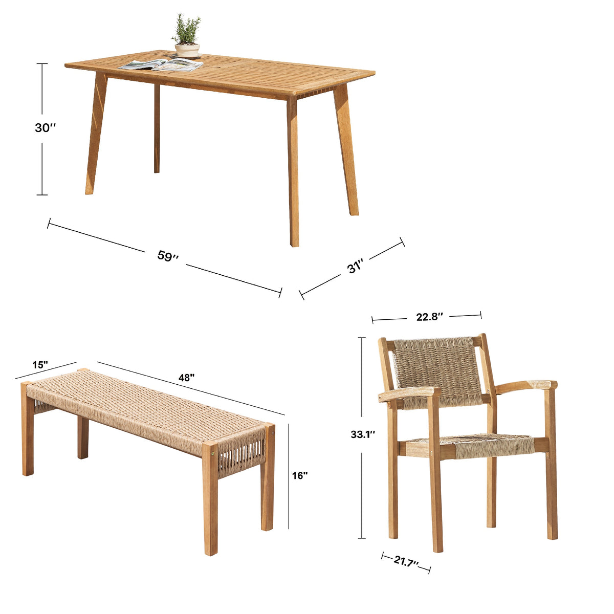 Mauricio 4 Piece Acacia Wood Dining Set With Stacking Chair Natural & Light Brown Acacia Wood