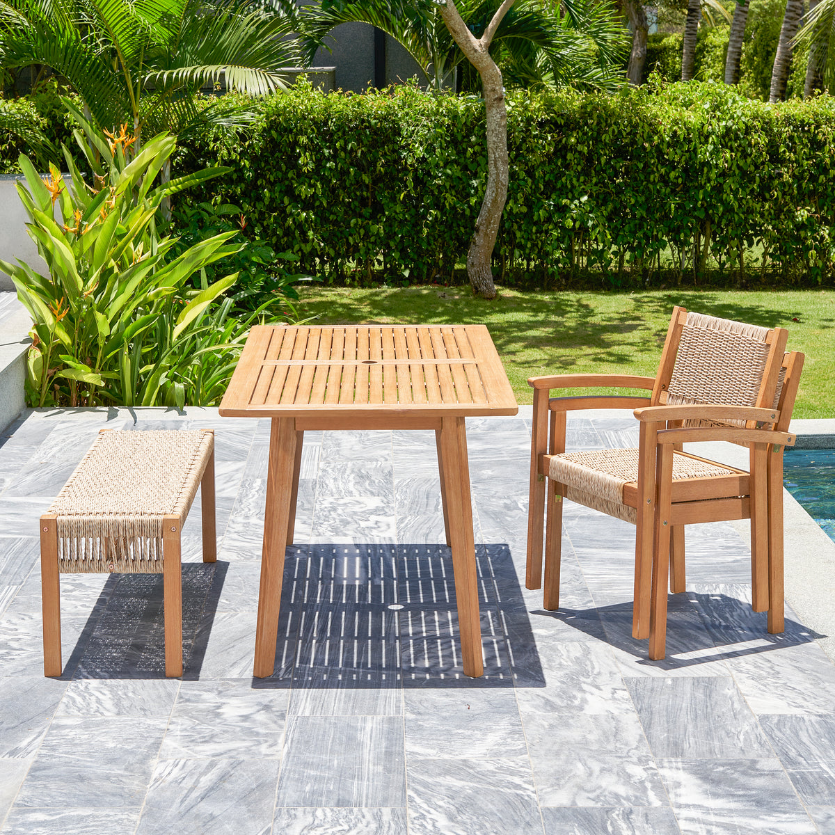 Mauricio 4 Piece Acacia Wood Dining Set With Stacking Chair Natural & Light Brown Acacia Wood