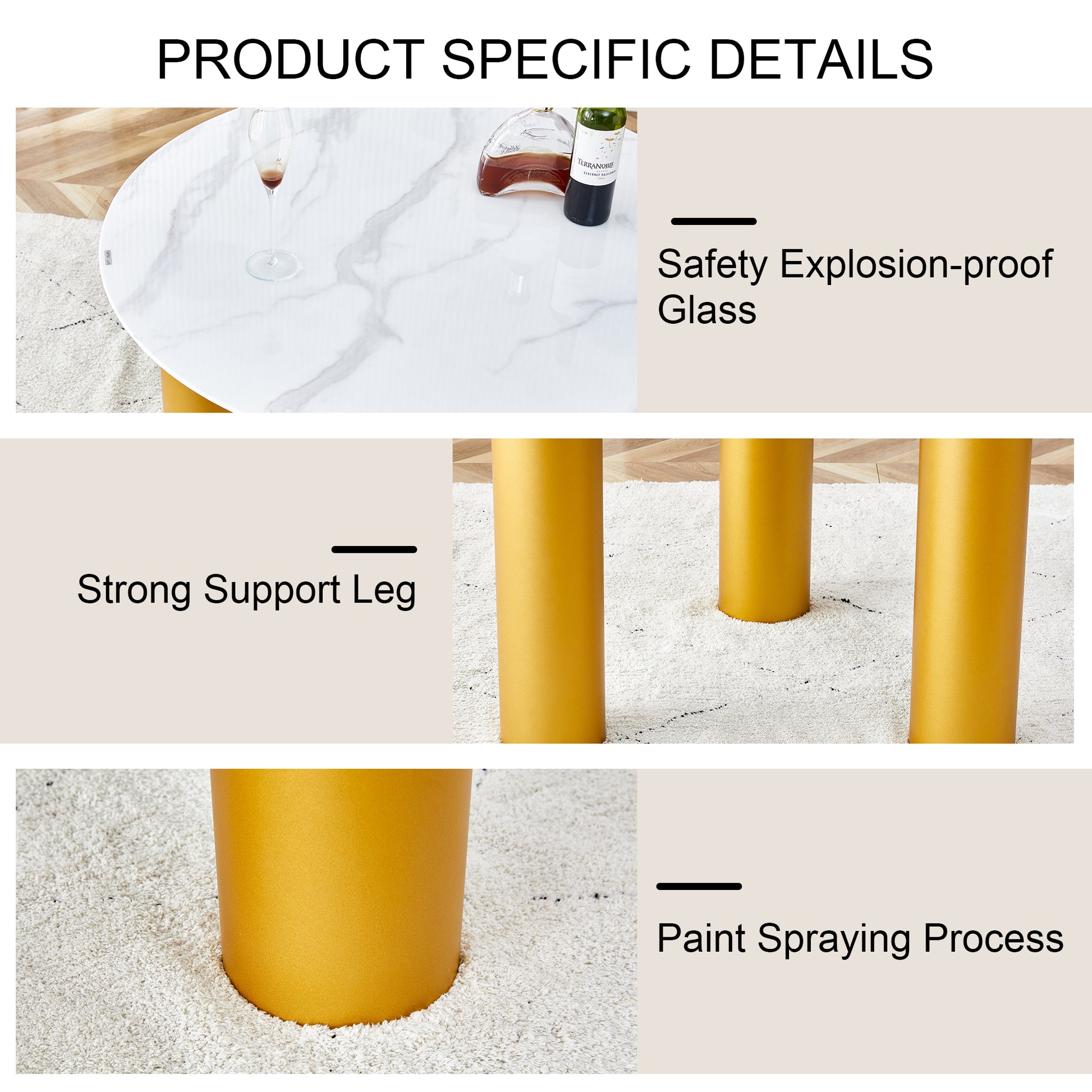 Round White Dining Table, Artificial Marble Glass Stickers, Golden Mdf Legs, Kitchen Dining Table, Living Room Dining Table 40 "* 40" * 29.4 "F X03 White Mdf