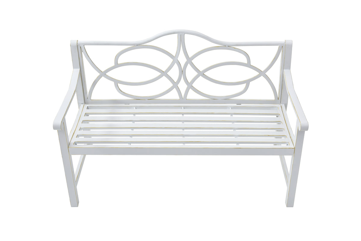 Outdoor Garden Patio Bench,Iron Metal Steel Frame Park Bench With Backrest And Armrest, Slatted Seat For Park, Yard & Porch, Balcony, Accommodates 2 3 People,White White Modern Metal