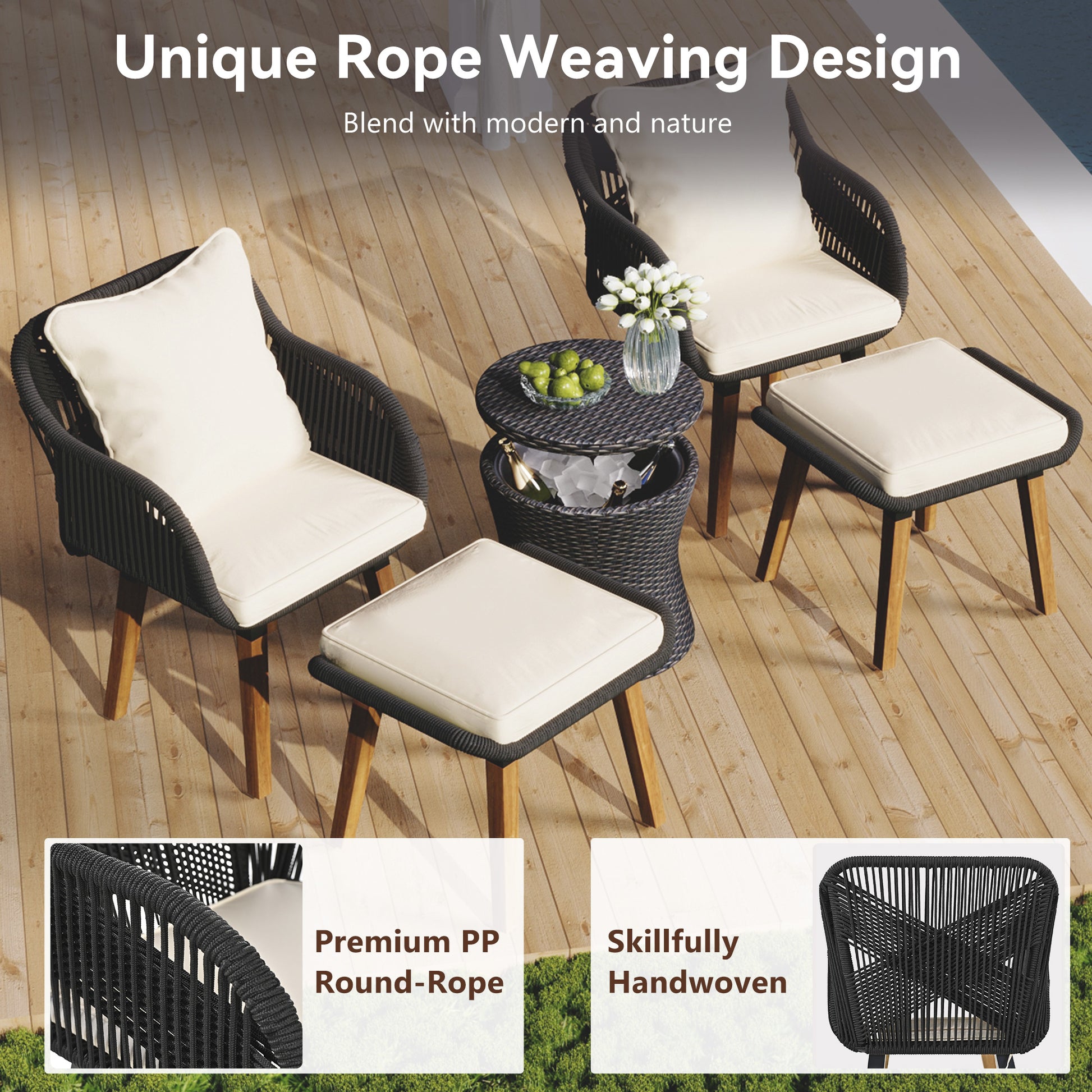 K&K 5 Pieces Patio Furniture Chair Sets, Patio Conversation Set With Wicker Cool Bar Table, Ottomans,Outdoor Furniture Bistro Sets For Porch,Backyard,Balcony,Poolside Black&Beige Yes Complete Patio Set Beige Black Weather Resistant Frame Fade Resistant