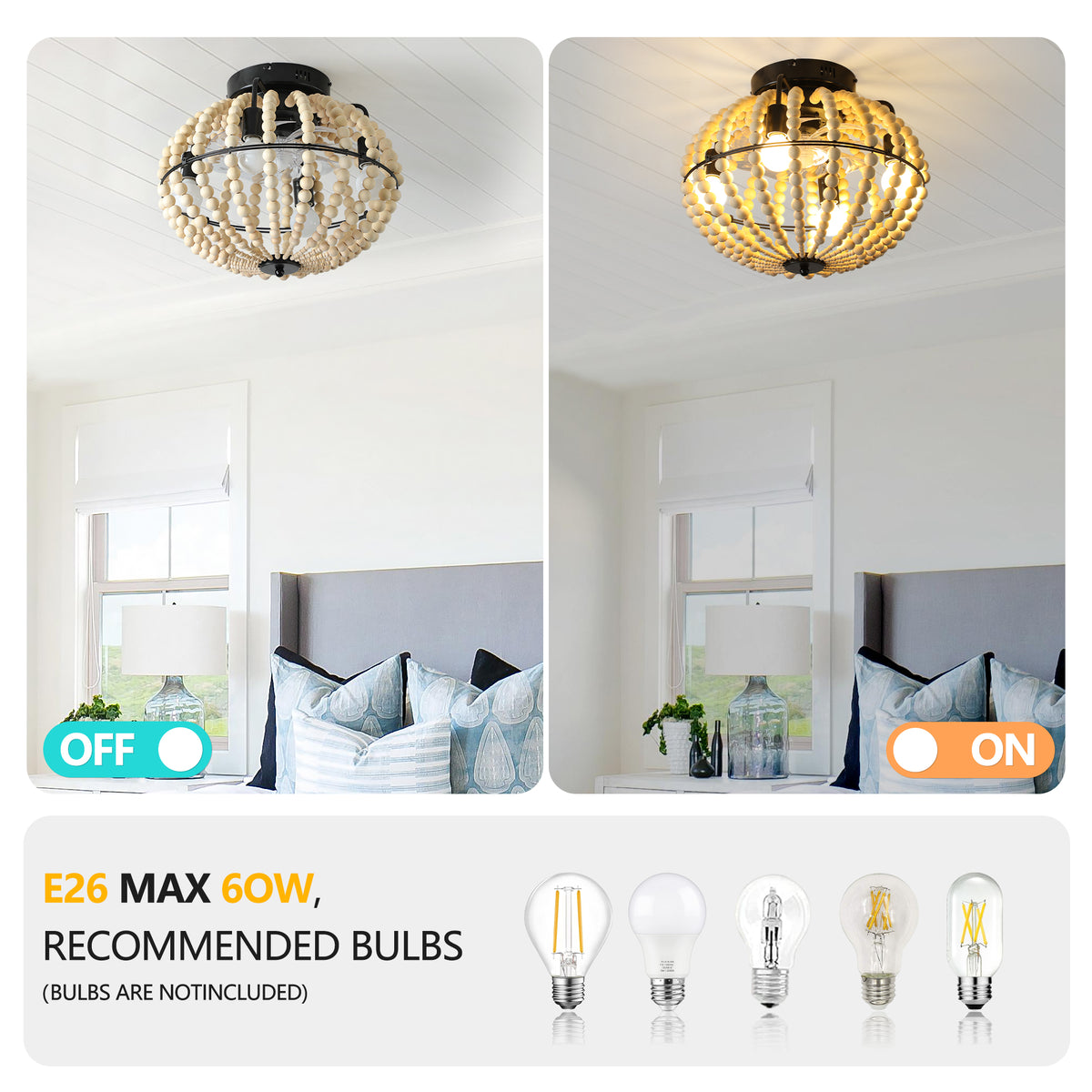Beaded Fan Lamp Wood Beaded Chandelier Oak White White Modern Iron