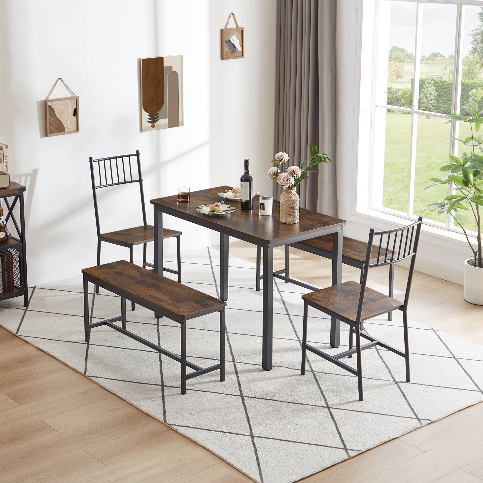 Dining Table Set, Barstool Dining Table With 2 Benches 2 Back Chairs, Industrial Dining Table For Kitchen Breakfast Table, Living Room, Party Room, Rustic Brown And Black,43.3 L X 23.6 W X 29.9 H Rustic Brown Seats 6 Particle Board