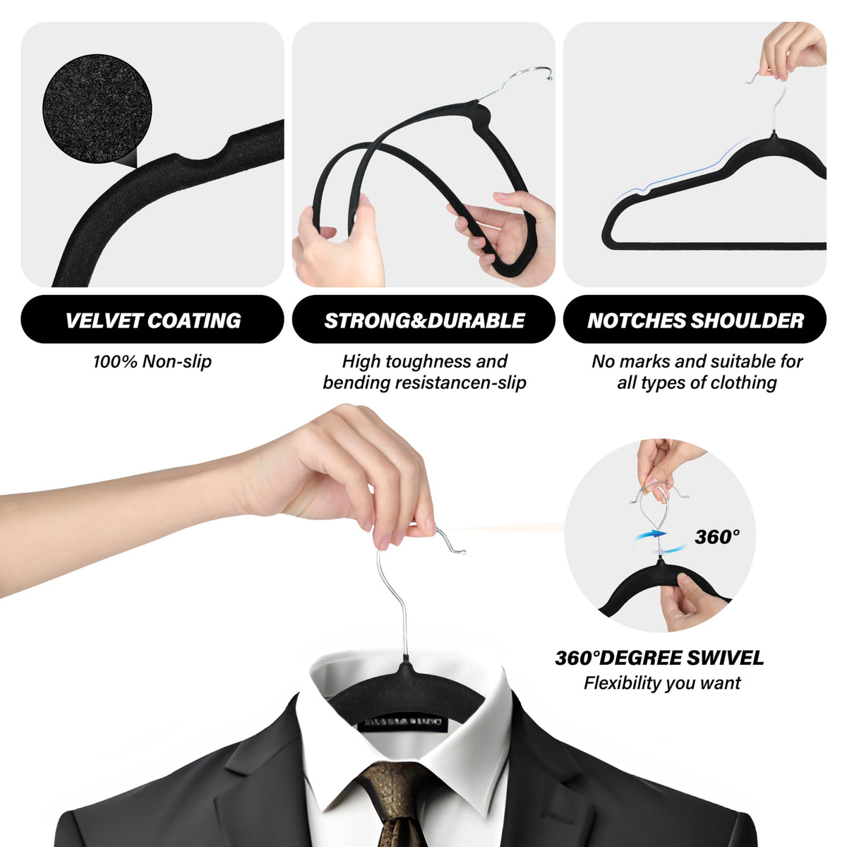 Velvet Hangers 70 Pack, Non Slip Clothes Hangers With Shoulder Notches, 360 Swivel Hooks, Heavy Duty Coat Suit Hangers For Closet Space Saving, Black Black Velvet
