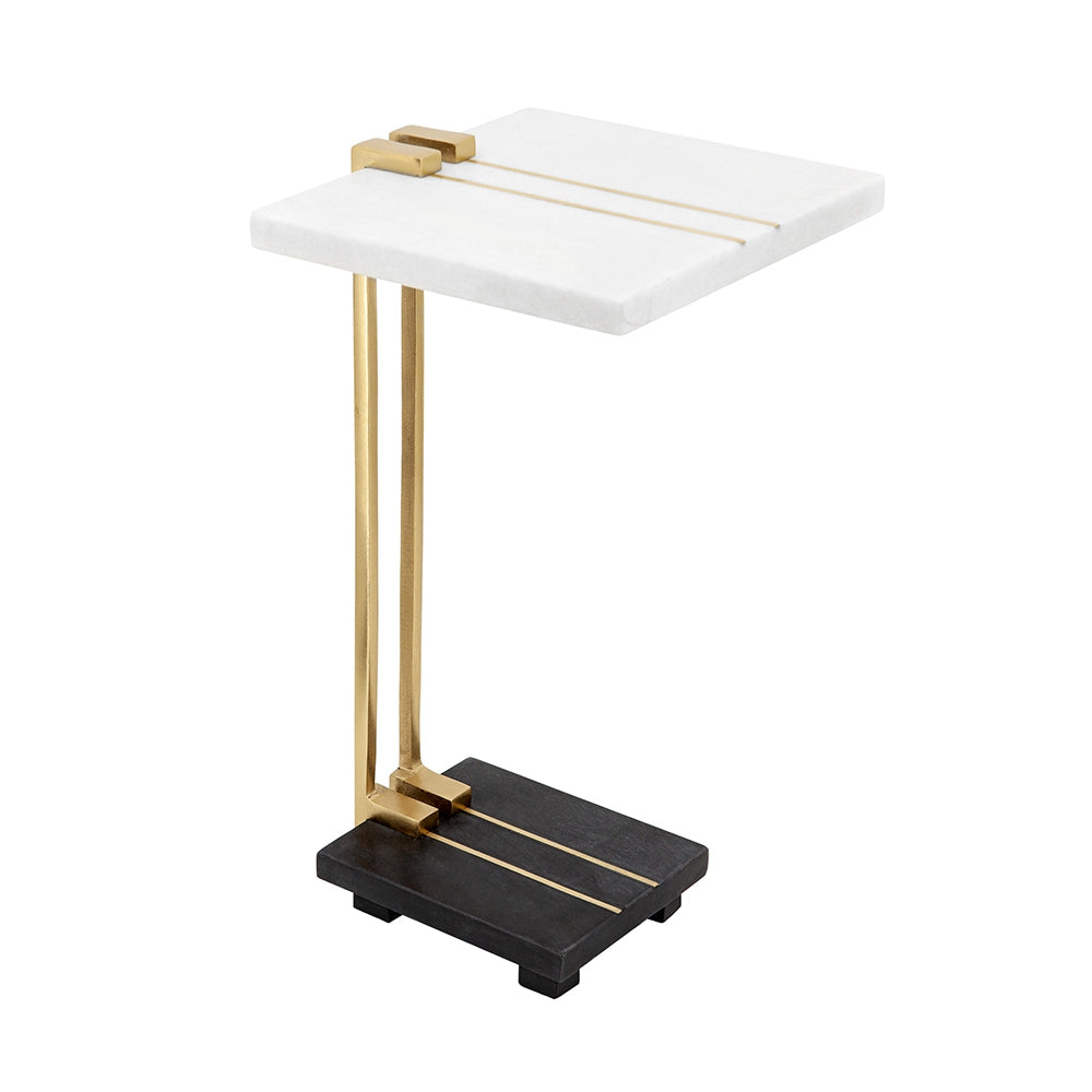 12.5X12X22" Aluminum And Marble C Shaped Side Table, White Gold Black, Artistic Accent Table For Living Room Entryway Bedroom Gold Primary Living Space Art Deco,Luxury,Modern Marble Metal