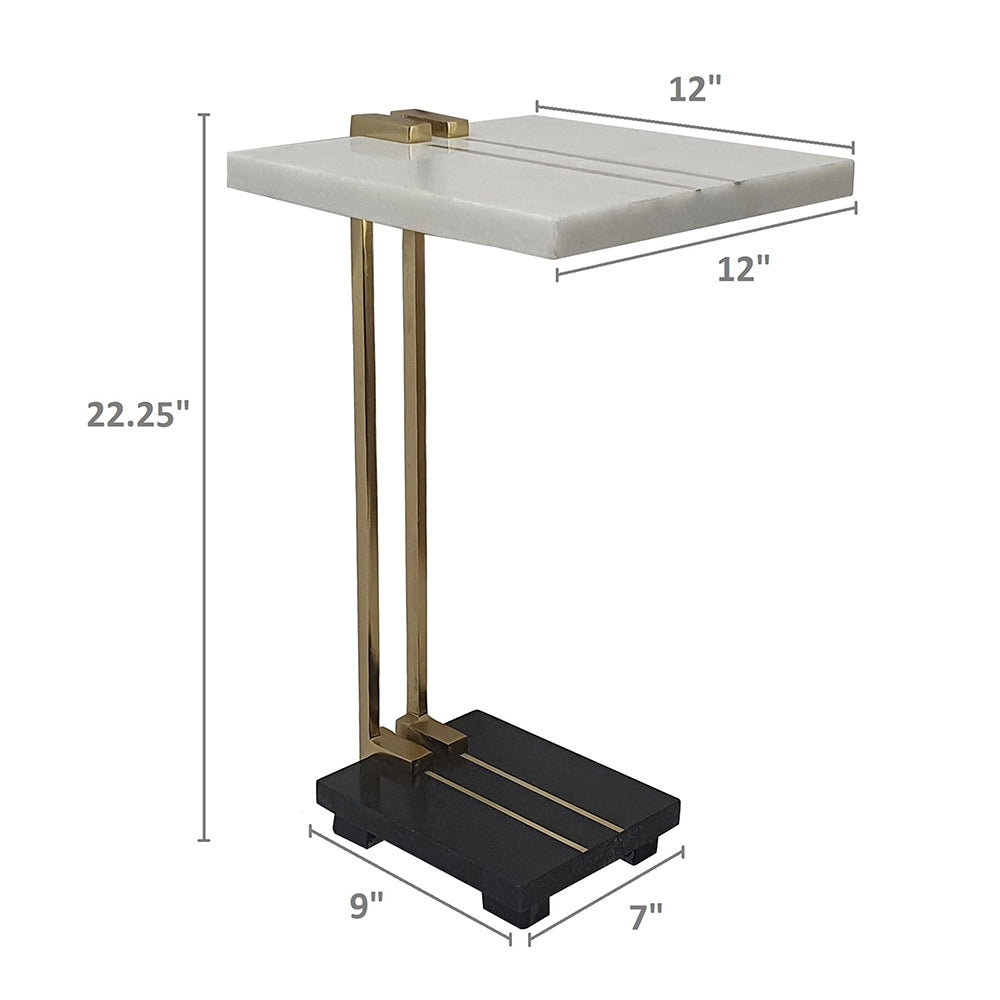 12.5X12X22" Aluminum And Marble C Shaped Side Table, White Gold Black, Artistic Accent Table For Living Room Entryway Bedroom Gold Primary Living Space Art Deco,Luxury,Modern Marble Metal