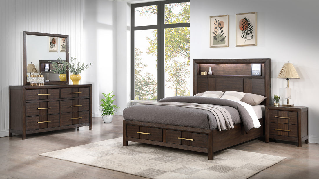 Kenzo Modern Style King 4Pc Storage Bedroom Set Made With Wood, Led Headboard, Bluetooth Speakers & Usb Ports Walnut Box Spring Not Required King Walnut Wood 4 Piece Set Bedroom Bed Included,Dresser Included,Mirror Included,Nightstand Included
