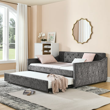 Full Size Daybed With Twin Size Trundle Upholstered Tufted Sofa Bed, Waved Shape Arms, Grey Box Spring Not Required Full Grey Wood Bedroom Eucalyptus Polyester Polyester