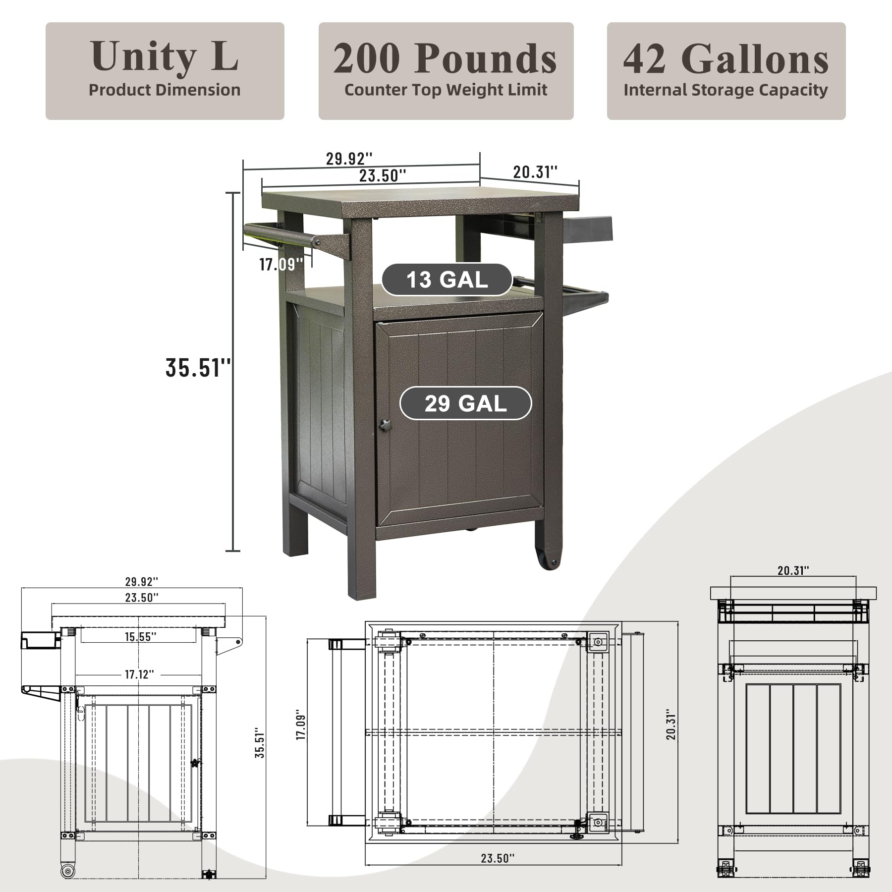 Grill Carts Outdoor With Storage And Wheels, Whole Metal Portable Table And Storage Cabinet For Bbq, Deck, Patio, Backyard Brown Brown Metal