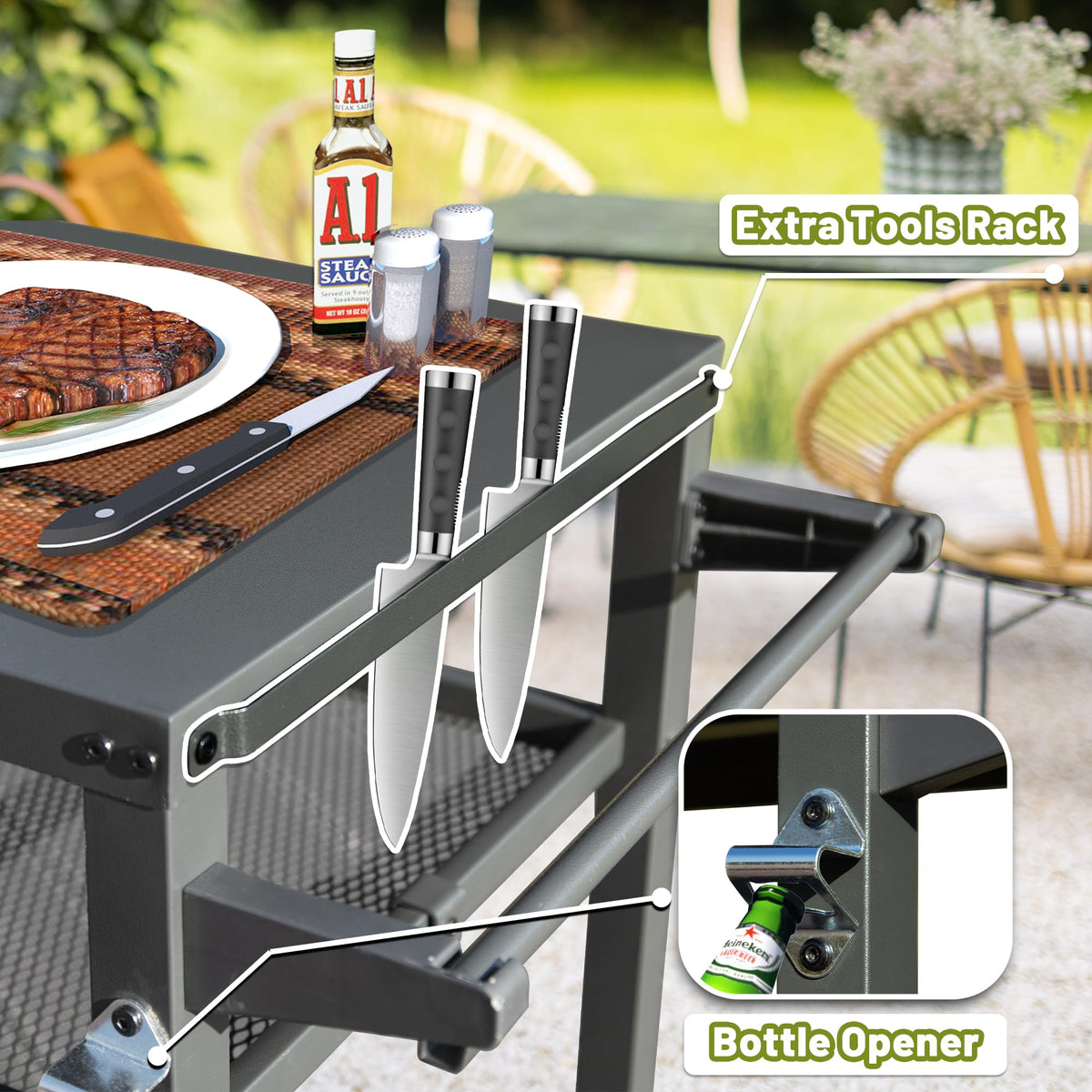 3 Shelf Outdoor Grill Table, Grill Cart Outdoor With Wheels, Pizza Oven Table And Food Prep Table, Blackstone Table With Propane Tank Hook, Grill Stand For Blackstone Griddle For Outside Bbq Grey Steel