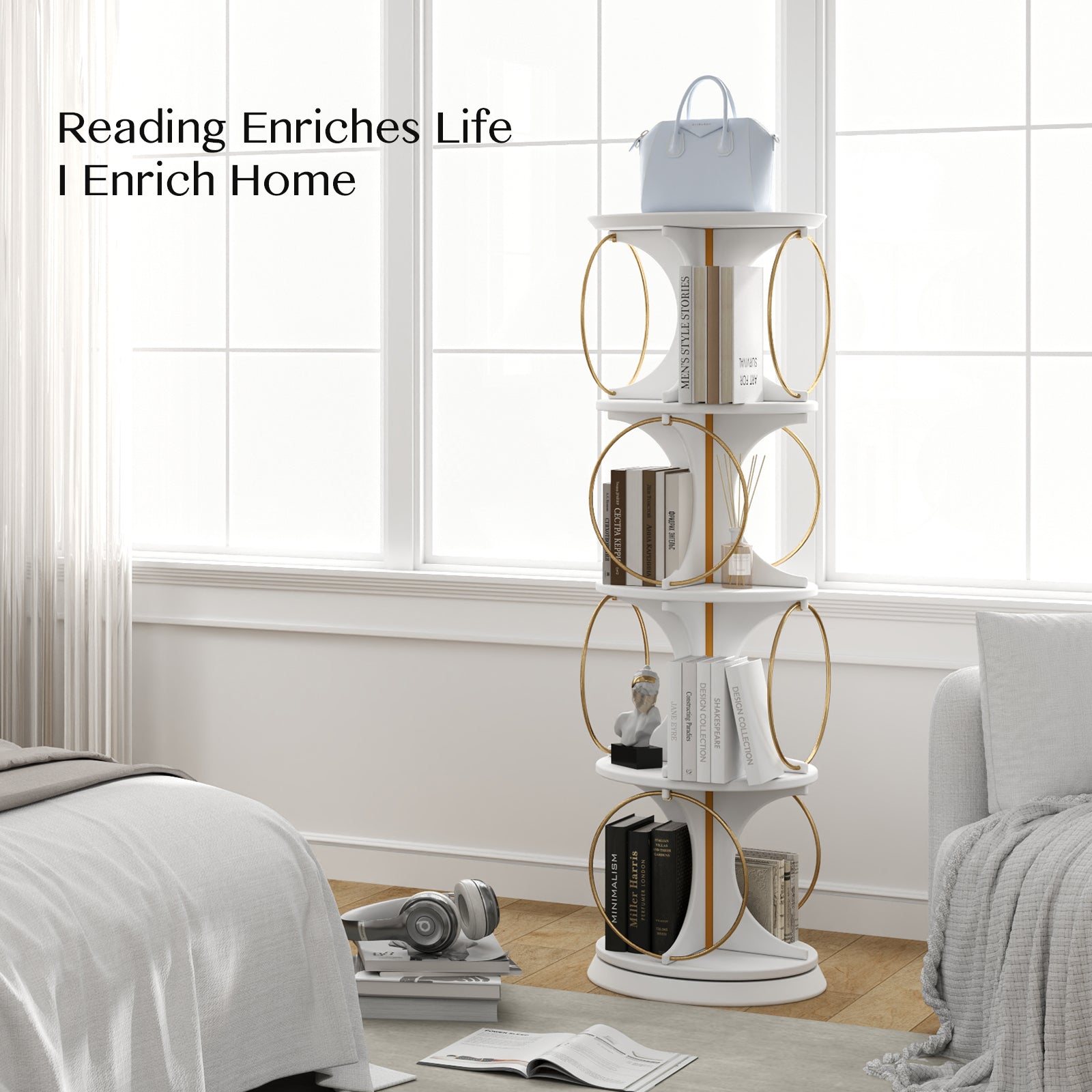 Display Shelf,4 Tier Floor Standing Organizer,Modern Style,360 Rotation,Stable And Solid,Holds Books And Displays,Suitable For Living Room And Bedroom 4 White White Corner Primary Living Space Open