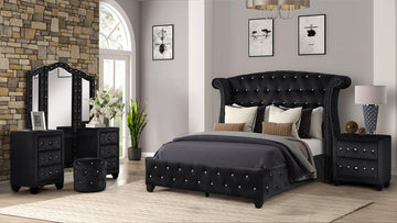 Queen 4 Pc Vanity Upholstery Bedroom Set Made With Wood In Black Box Spring Not Required Queen Black Wood 4 Piece Set Bedroom Contemporary,Modern Acacia Upholstered Velvet Tufted Wood