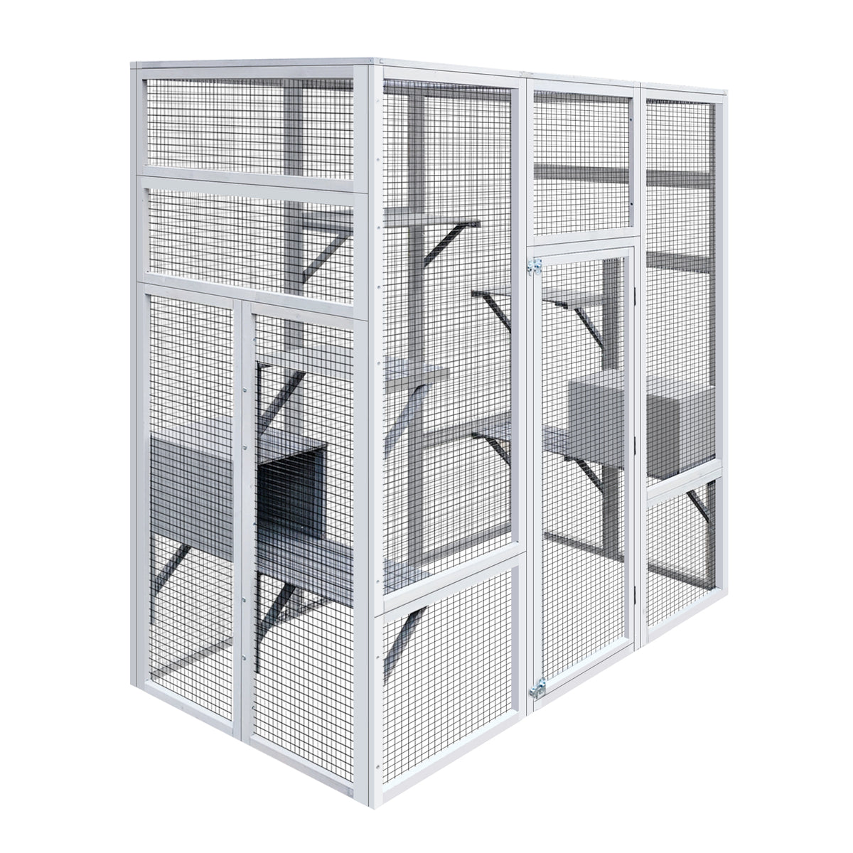 62.6" Wooden Cat House Large Catio, Solid Wood Cat Cage Shelter Enclosure Playpen With Anti Uv& Waterproof, 7 Platforms And 2 Resting Boxes Gray Wood