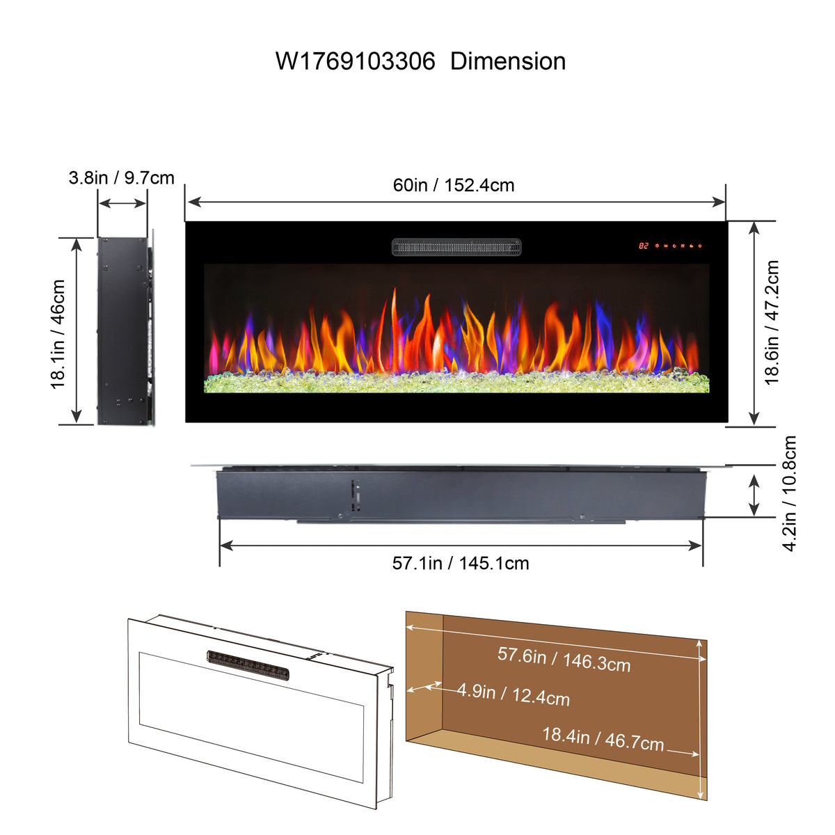 60 Inch Recessed Ultra Thin Tempered Glass Front Wall Mounted Electric Fireplace With Remote And Multi Color Flame & Emberbed, Led Light Heater Powder Coated Electric Antique Black Vent Free Yes Tempered Glass Sheet Metal Plastic Electric