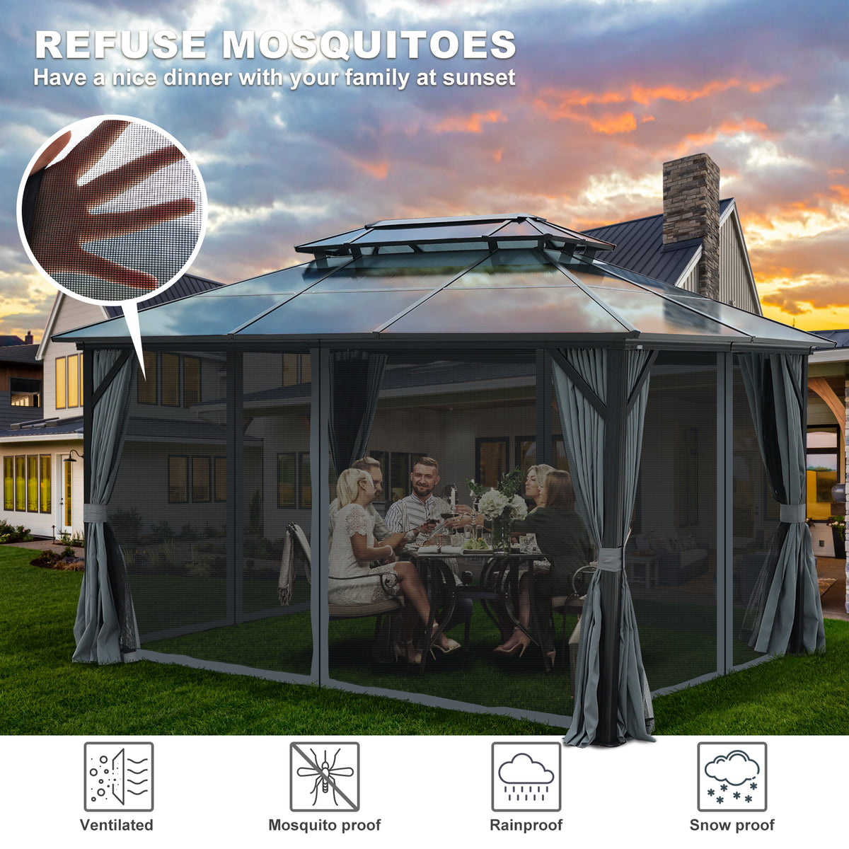 10X13Ft Patio Gazebo With Netting & Curtains, Black Black Gray Rectangular Garden & Outdoor Uv Resistant Gazebos Anchored Aluminium Alloy