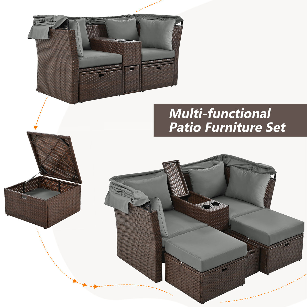 2 Seater Outdoor Patio Daybed Outdoor Double Daybed Outdoor Loveseat Sofa Set With Foldable Awning And Cushions For Garden, Balcony, Poolside, Grey Yes Grey Water Resistant Frame Water Resistant Cushion Garden & Outdoor Sectional Seating Groups Foam