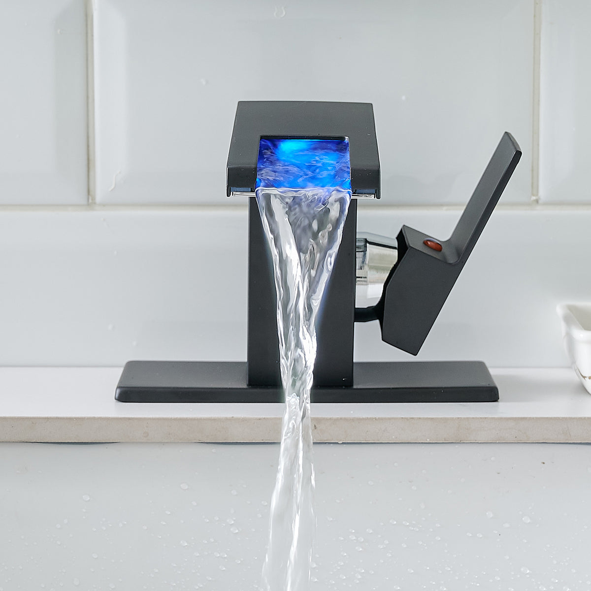 Bathroom Sink Faucet Led Light 3 Colors Changing Waterfall Glass Spout Hot Cold Water Mixer Single Handle One Hole Deck Mounted Bathroom Faucet Black Lavatory Vanity Basin Bath Plumbing Fixtures
