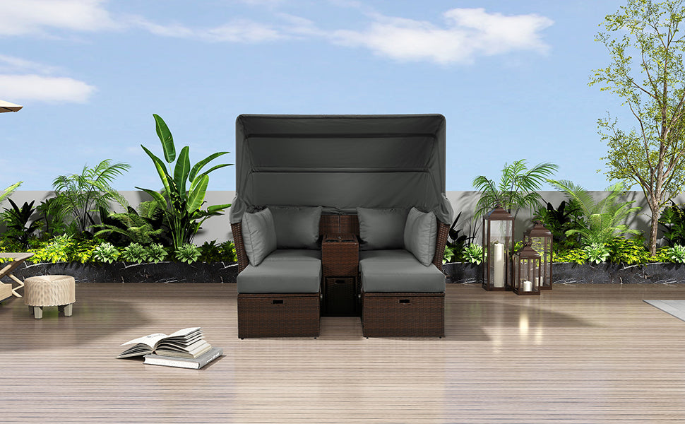 2 Seater Outdoor Patio Daybed Outdoor Double Daybed Outdoor Loveseat Sofa Set With Foldable Awning And Cushions For Garden, Balcony, Poolside, Grey Yes Grey Water Resistant Frame Water Resistant Cushion Garden & Outdoor Sectional Seating Groups Foam