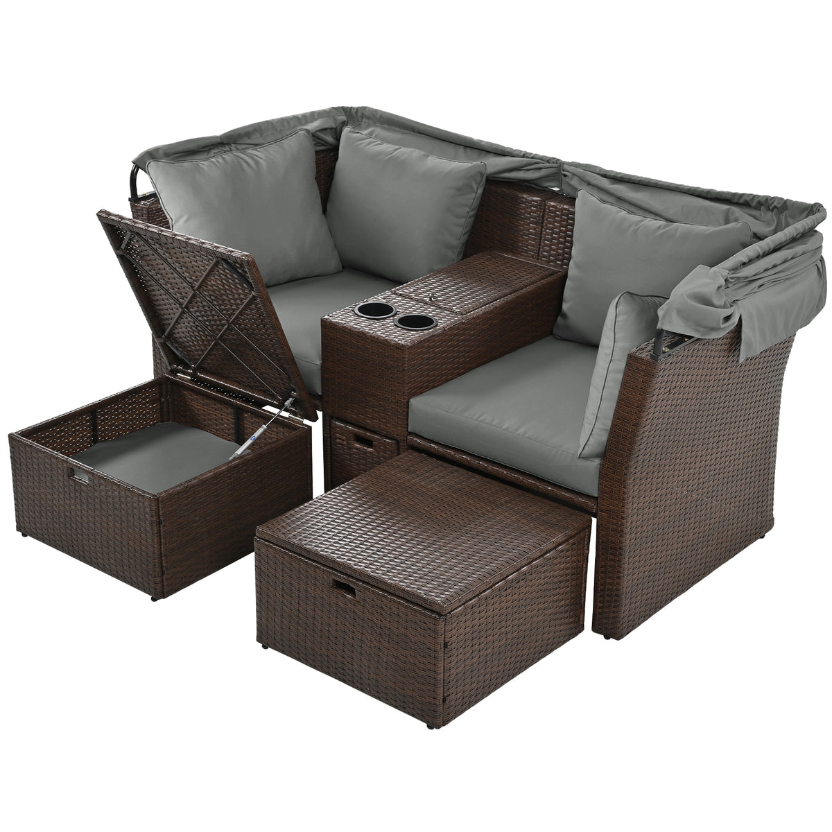 2 Seater Outdoor Patio Daybed Outdoor Double Daybed Outdoor Loveseat Sofa Set With Foldable Awning And Cushions For Garden, Balcony, Poolside, Grey Yes Grey Water Resistant Frame Water Resistant Cushion Garden & Outdoor Sectional Seating Groups Foam