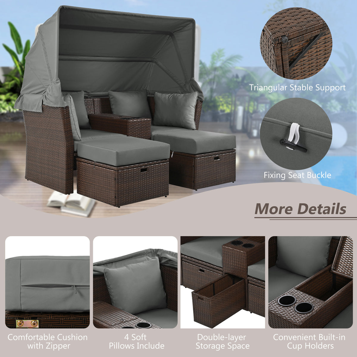 2 Seater Outdoor Patio Daybed Outdoor Double Daybed Outdoor Loveseat Sofa Set With Foldable Awning And Cushions For Garden, Balcony, Poolside, Grey Yes Grey Water Resistant Frame Water Resistant Cushion Garden & Outdoor Sectional Seating Groups Foam