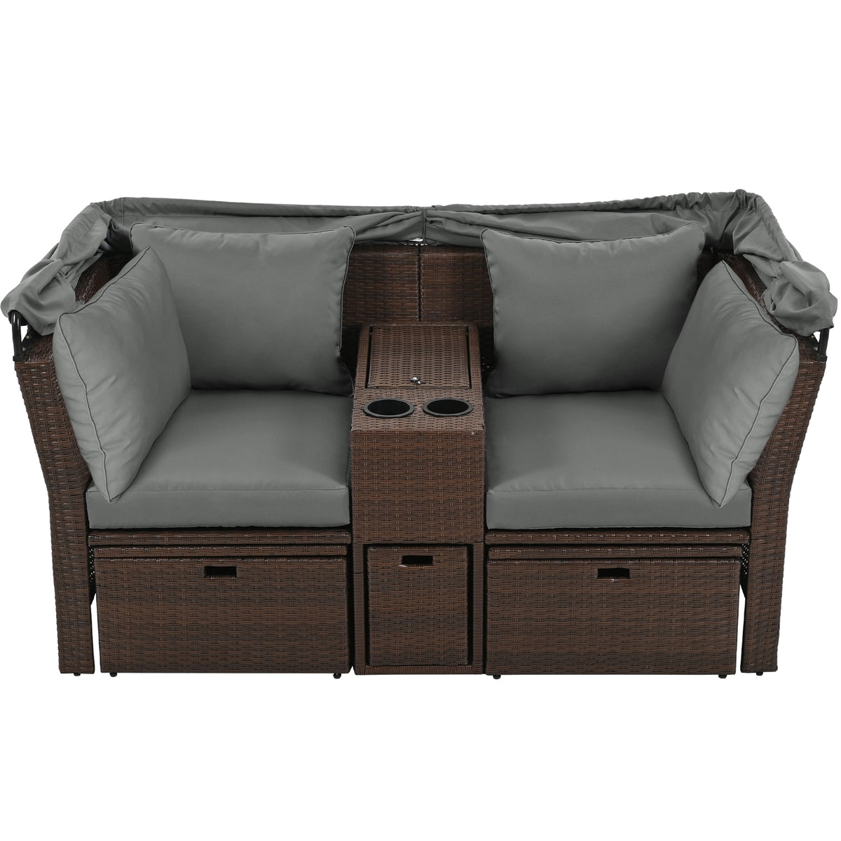 2 Seater Outdoor Patio Daybed Outdoor Double Daybed Outdoor Loveseat Sofa Set With Foldable Awning And Cushions For Garden, Balcony, Poolside, Grey Yes Grey Water Resistant Frame Water Resistant Cushion Garden & Outdoor Sectional Seating Groups Foam