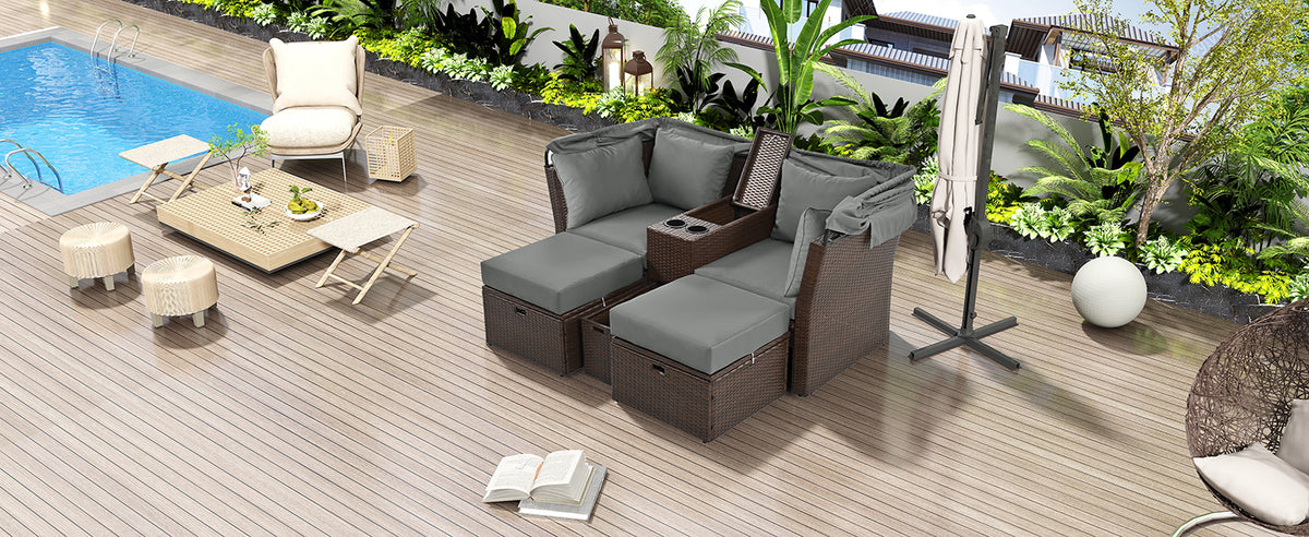 2 Seater Outdoor Patio Daybed Outdoor Double Daybed Outdoor Loveseat Sofa Set With Foldable Awning And Cushions For Garden, Balcony, Poolside, Grey Yes Grey Water Resistant Frame Water Resistant Cushion Garden & Outdoor Sectional Seating Groups Foam