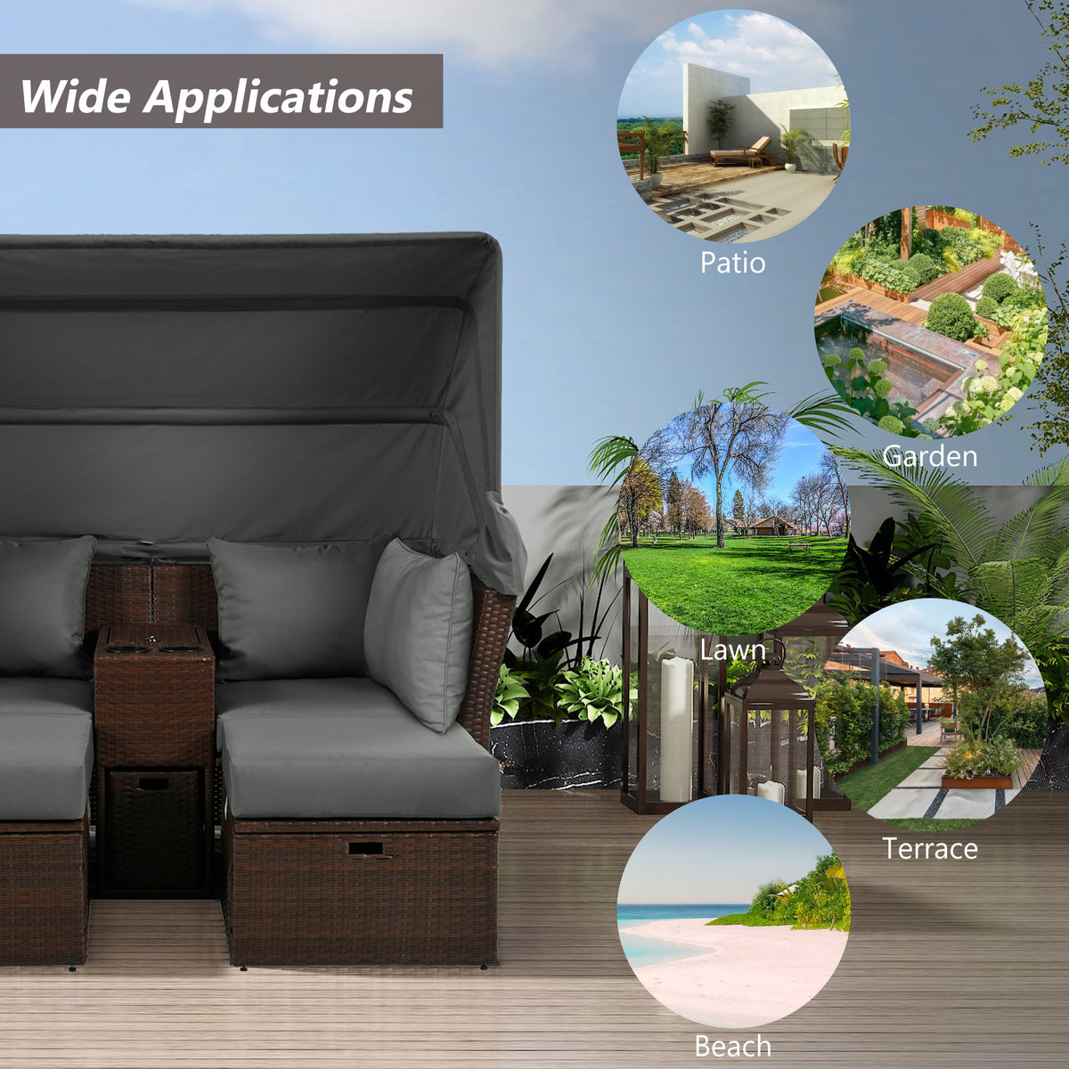 2 Seater Outdoor Patio Daybed Outdoor Double Daybed Outdoor Loveseat Sofa Set With Foldable Awning And Cushions For Garden, Balcony, Poolside, Grey Yes Grey Water Resistant Frame Water Resistant Cushion Garden & Outdoor Sectional Seating Groups Foam