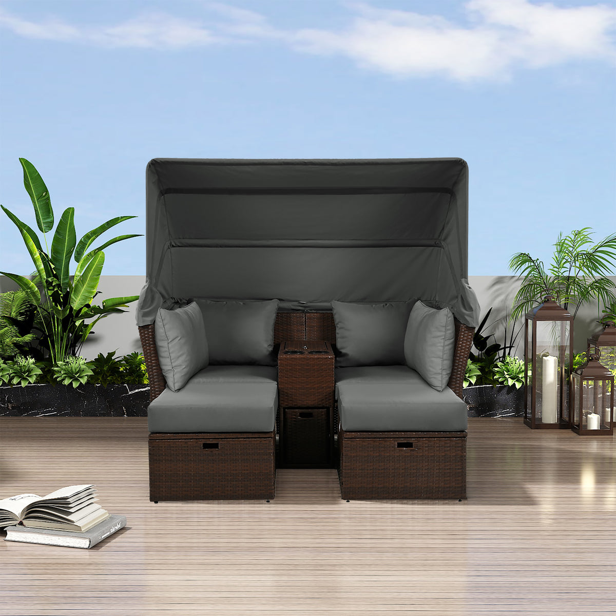 2 Seater Outdoor Patio Daybed Outdoor Double Daybed Outdoor Loveseat Sofa Set With Foldable Awning And Cushions For Garden, Balcony, Poolside, Grey Yes Grey Water Resistant Frame Water Resistant Cushion Garden & Outdoor Sectional Seating Groups Foam