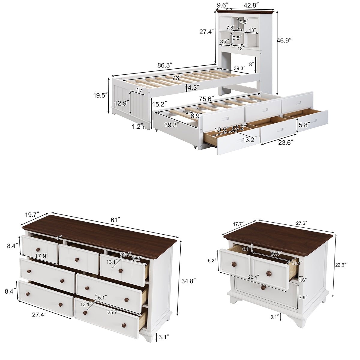 3 Pieces Wooden Captain Bedroom Set Twin Bed With Trundle, Nightstand And Dresser, White Walnut White Walnut Wood