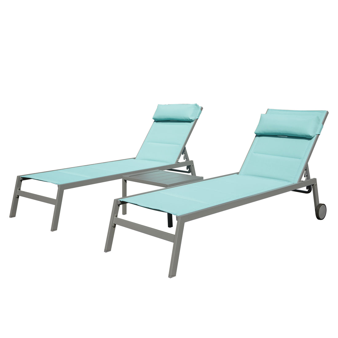 Outdoor Patio Chaise Lounge Set Of 3, Aluminum Pool Lounge Chairs With And Wheels, Textilene Padded Adjustable Recliner All Weather For Poolside, Beach, Yard, Balcony Lake Blue Lake Blue Aluminum