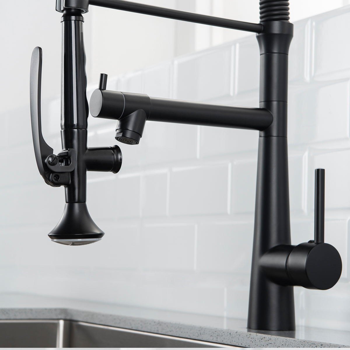Heavy Duty Commercial Style Kitchen Sink Faucet, Single Handle Pre Rinse Spring Sprayer Kitchen Faucets, High Arc Pull Down Matte Black Kitchen Faucet Black Kitchen Contemporary Ceramic Brass