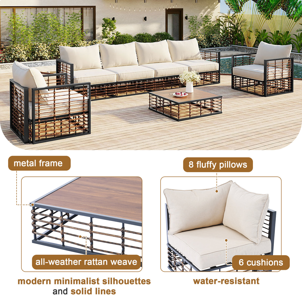 Modern Minimalist 7 Piece Metal Patio Sectional Sofa Set, All Weather Garden Conversational Furniture Set With Thick Cushions And Coffee Table For Indoor Outdoor, Gray Yes Deep Seating White Weather