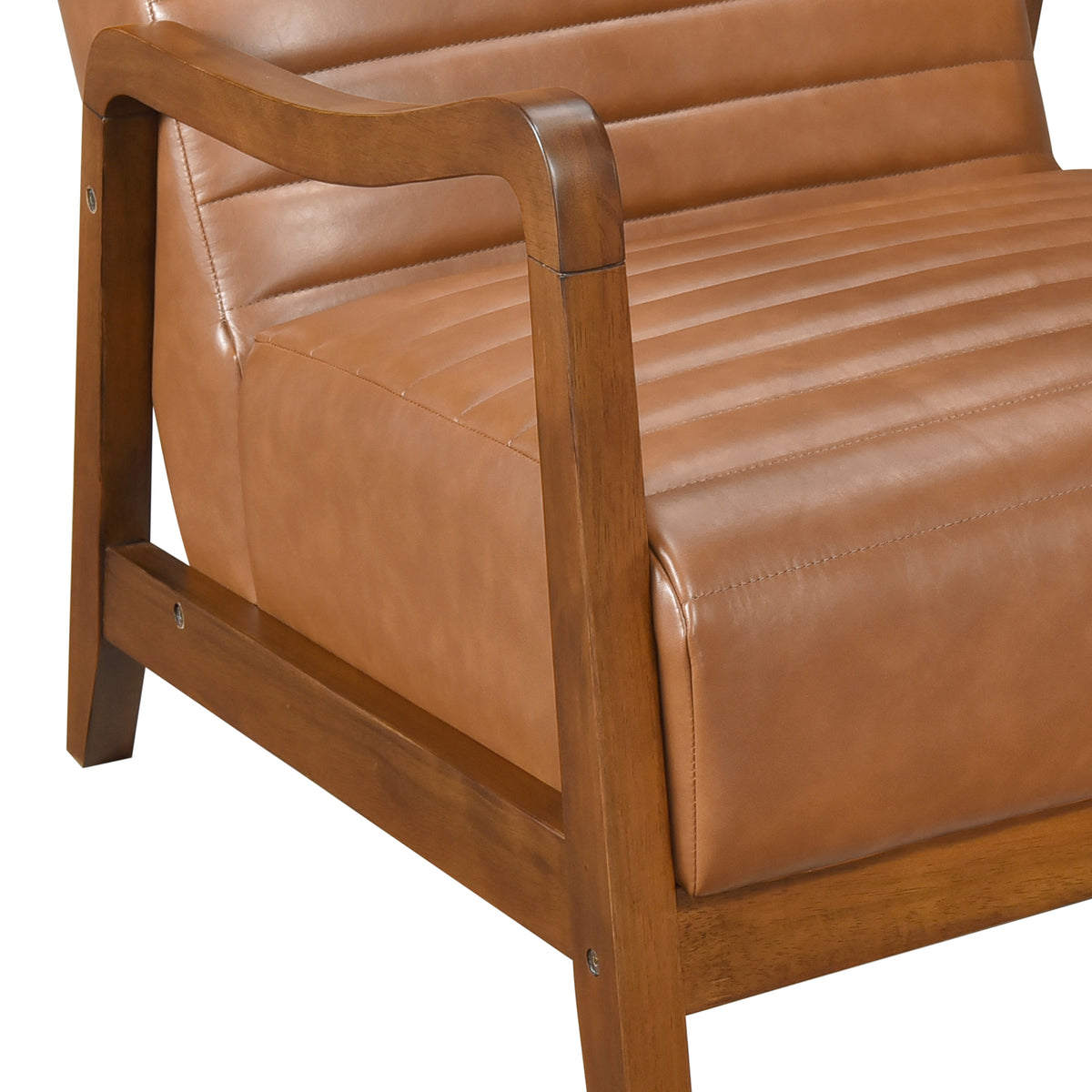 1Pc Accent Chair Brown Faux Leather Walnut Finish Solid Rubberwood Modern Living Room Furniture Brown Primary Living Space Modern Rubberwood Solid Wood