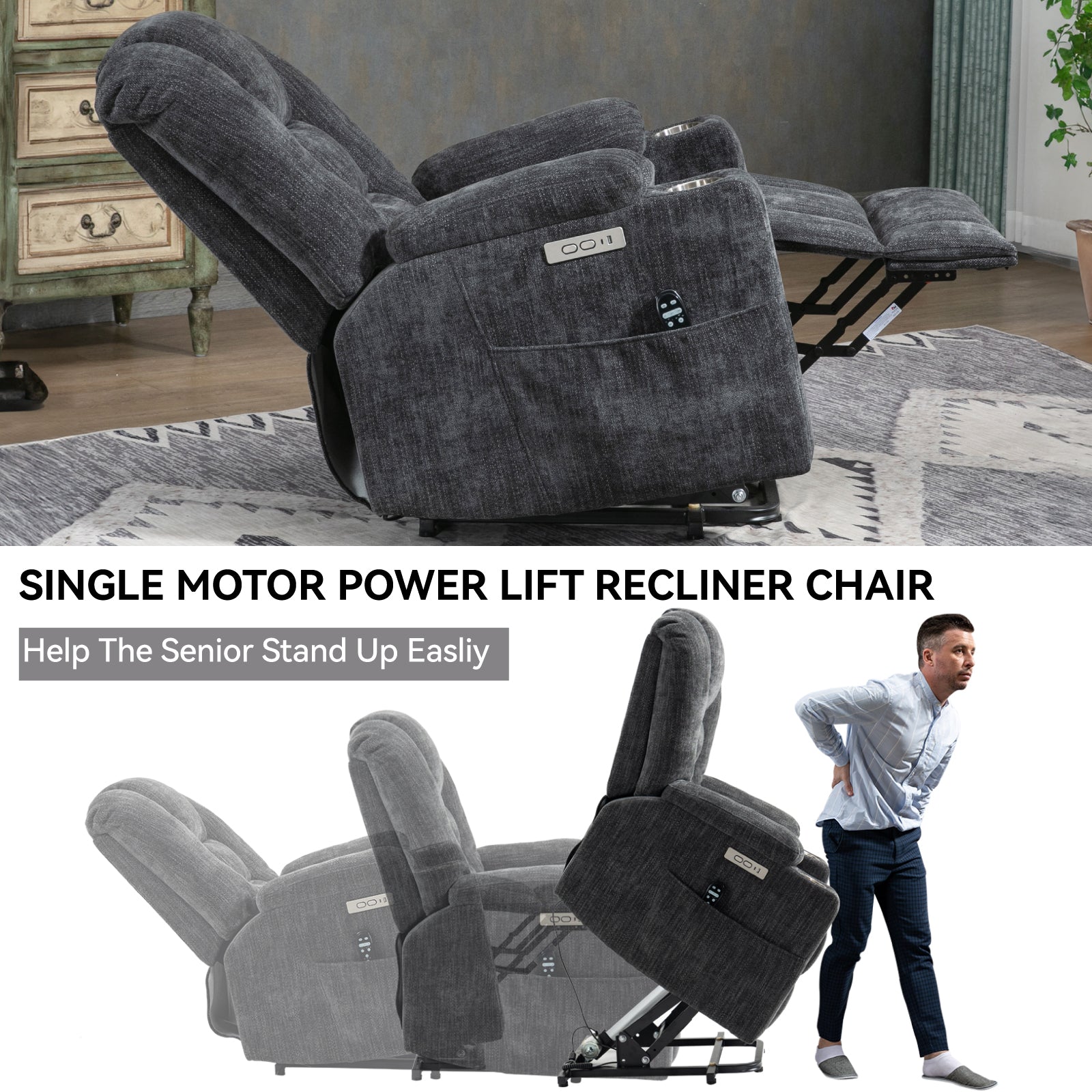 Emon'S Large Power Lift Recliner Chair With Massage And Heat For Elderly, Overstuffed Wide Recliners, Heavy Duty Motion Mechanism With Usb And Type C Ports, 2 Steel Cup Holders, Gray White Metal Primary Living Space Heavy Duty Pine Grey Chenille Power