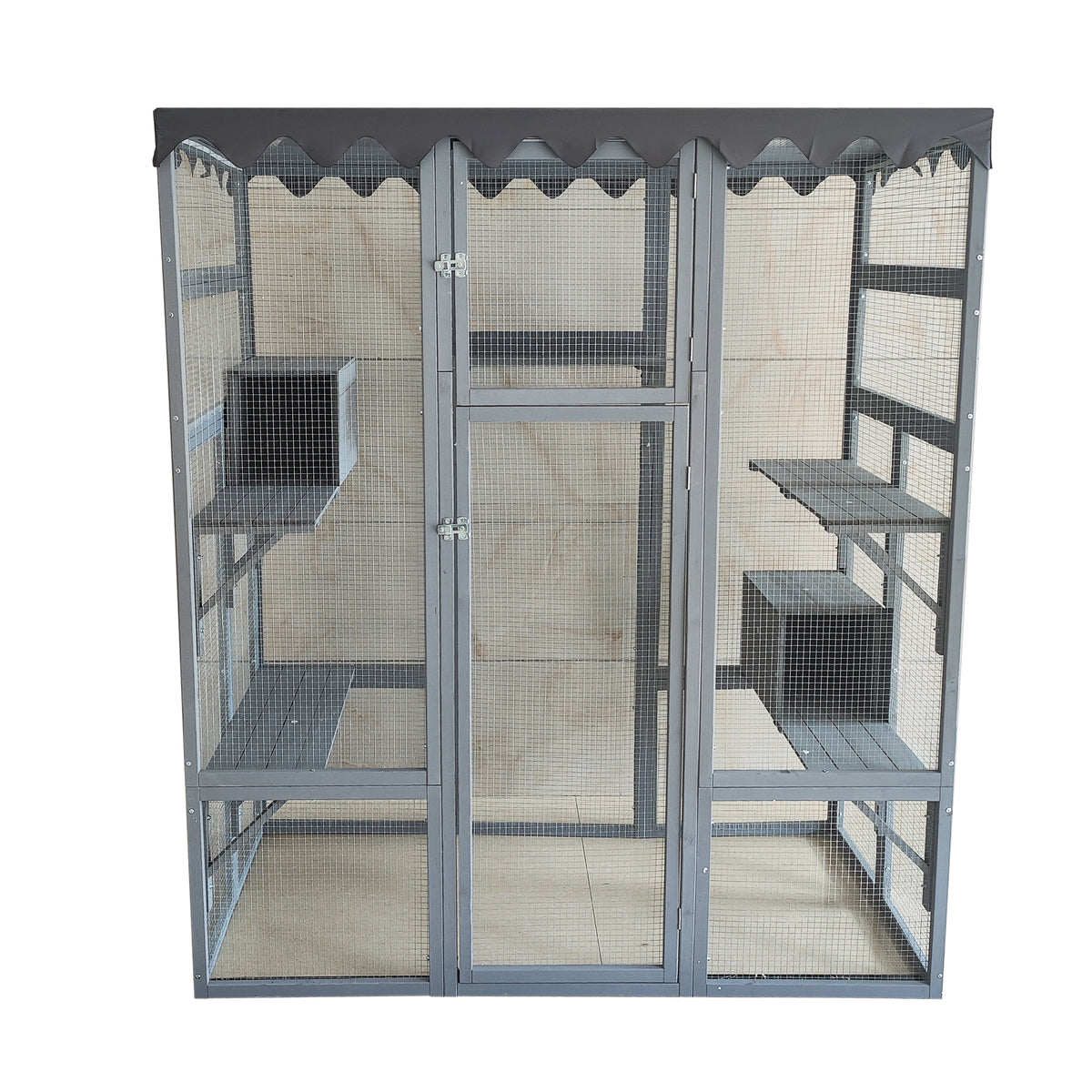Outdoor Cat House Big Catio Wooden Feral Cat Shelter Enclosure With Large Spacious Interior, 6 High Ledges, Weather Protection Asphalt Roof Grey Wood