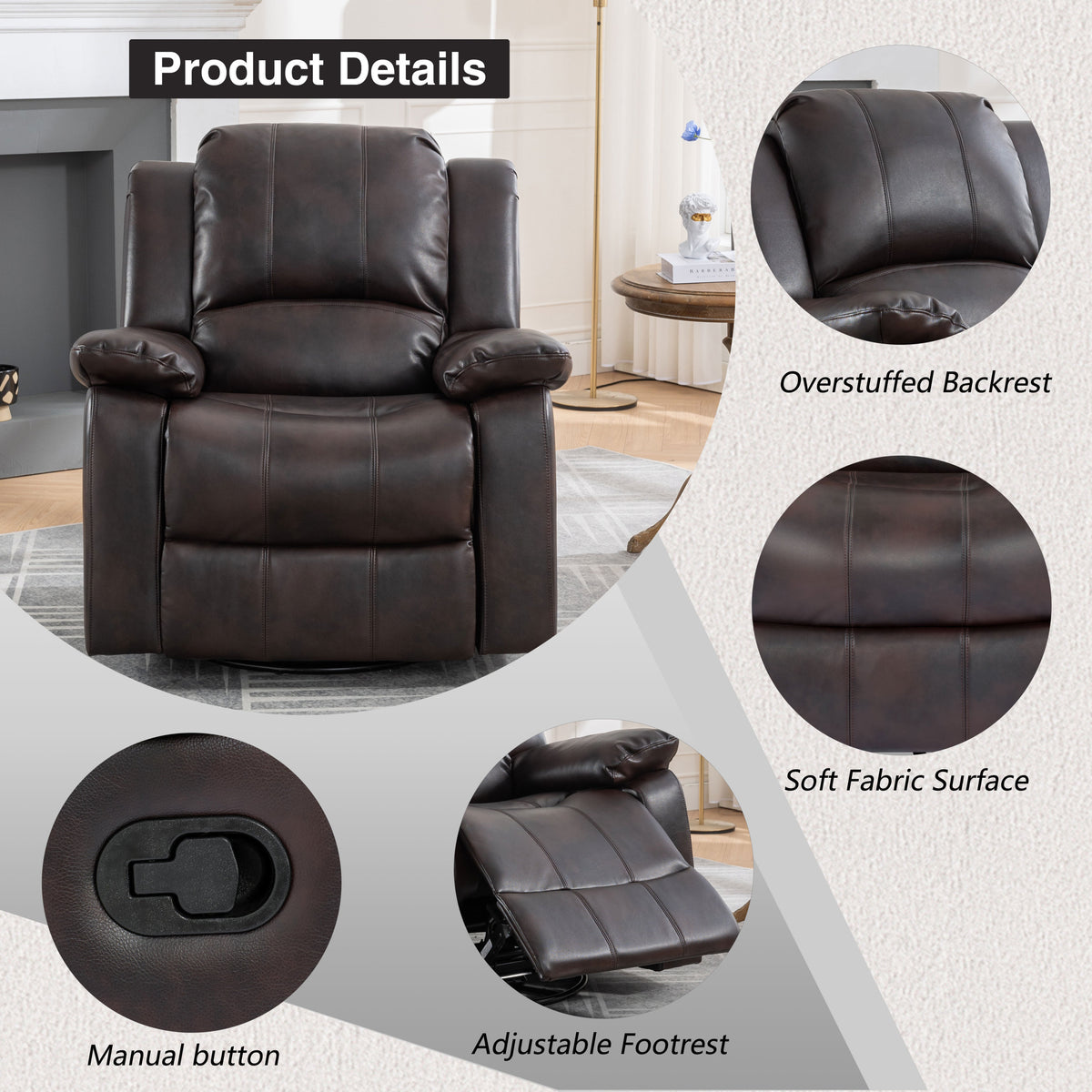 Swivel And Glider Recliner Chair, Brown Brown Faux Leather Manual Push Button Wood Primary Living Space Soft American Traditional Push Button Metal & Wood