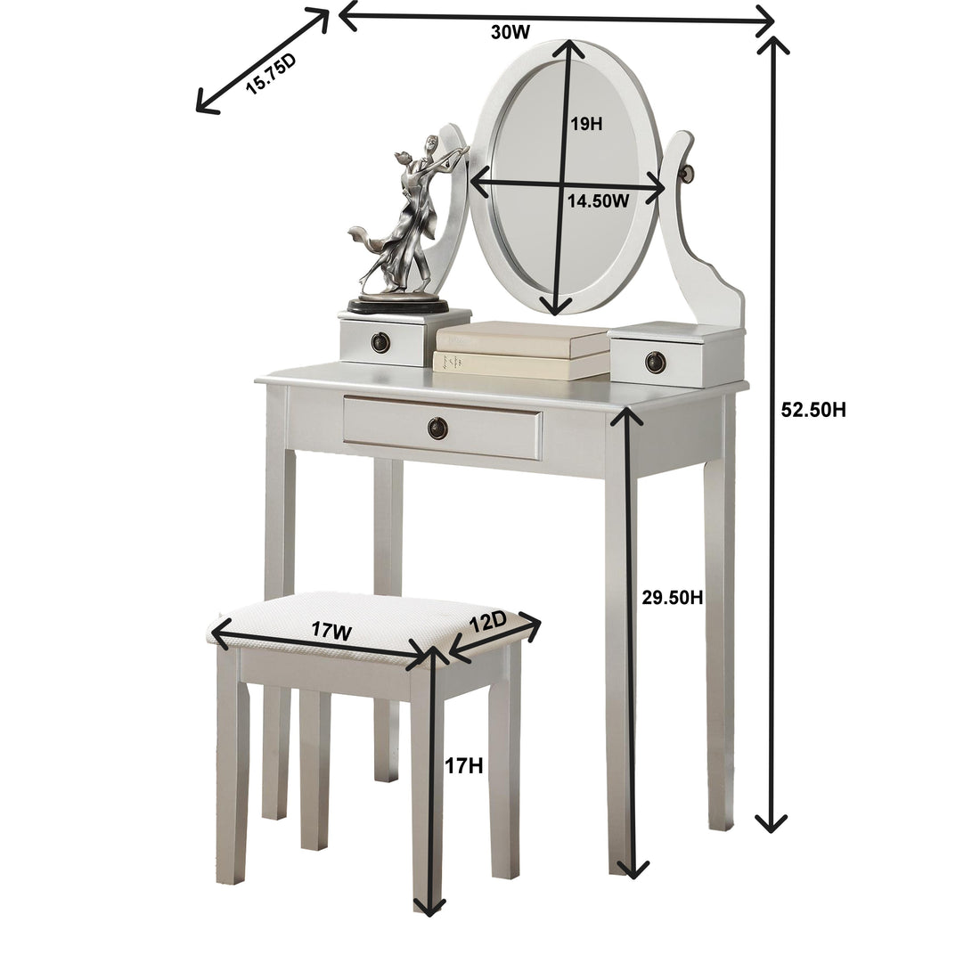 Moniys Wood Moniya Makeup Vanity Table And Stool Set, White White Wood