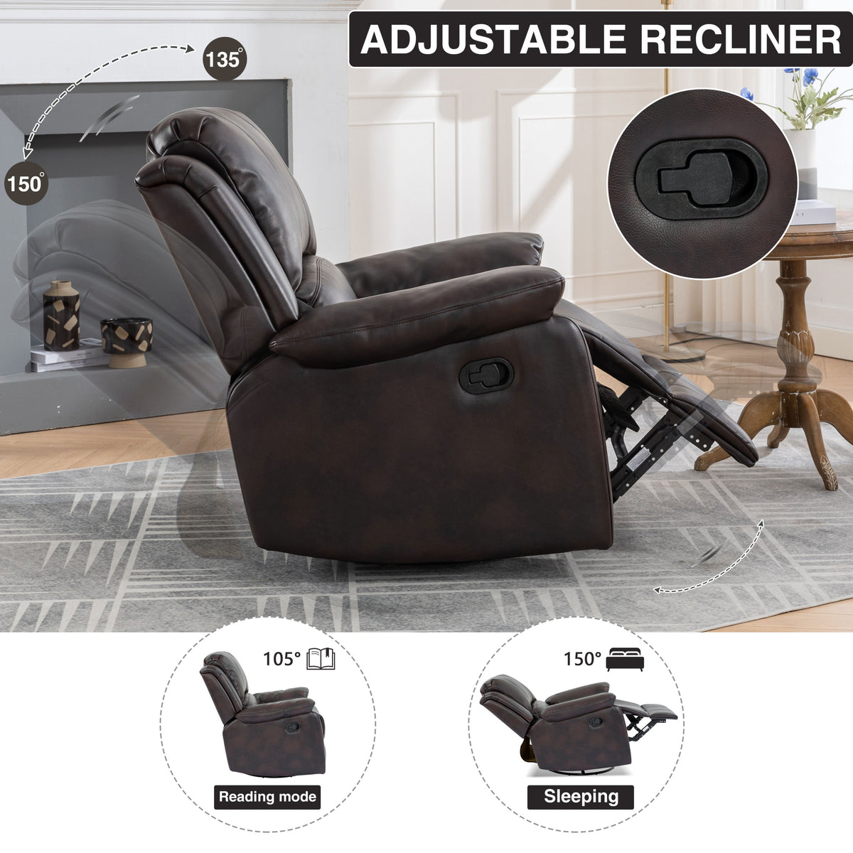 Swivel And Glider Recliner Chair, Brown Brown Faux Leather Manual Push Button Wood Primary Living Space Soft American Traditional Push Button Metal & Wood