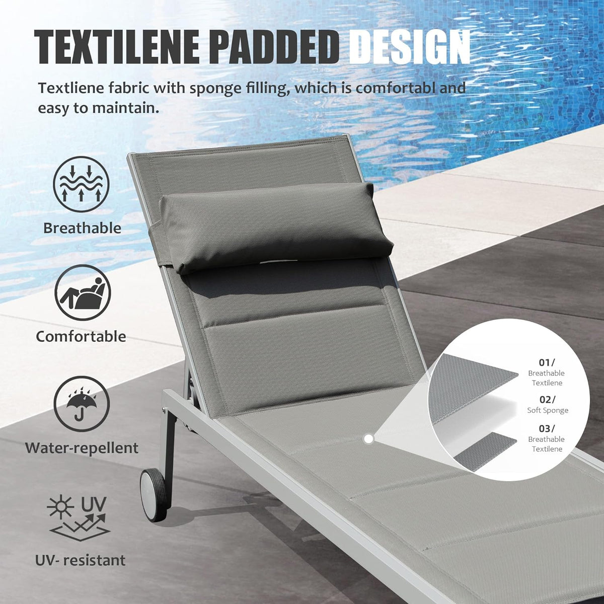 Outdoor Patio Chaise Lounge Set Of 3, Aluminum Pool Lounge Chairs With Side Table And Wheels, Textilene Padded Adjustable Recliner All Weather For Poolside, Beach, Yard, Balcony Gray Grey Aluminum