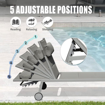 Outdoor Patio Chaise Lounge Set Of 3, Aluminum Pool Lounge Chairs With Side Table And Wheels, Textilene Padded Adjustable Recliner All Weather For Poolside, Beach, Yard, Balcony Gray Grey Aluminum