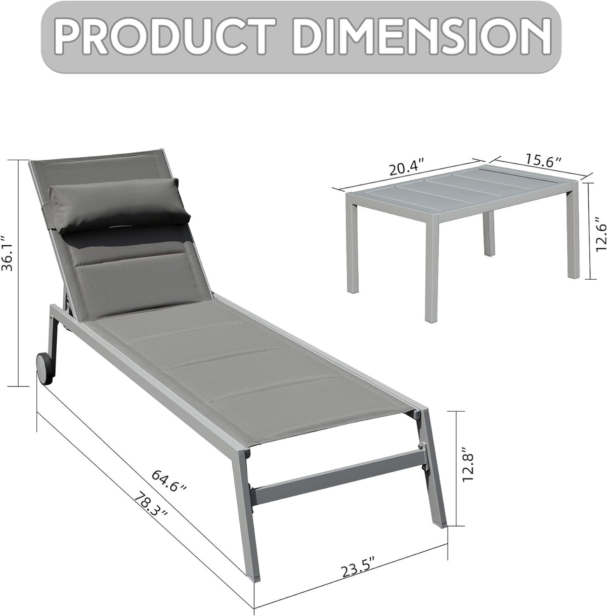 Outdoor Patio Chaise Lounge Set Of 3, Aluminum Pool Lounge Chairs With Side Table And Wheels, Textilene Padded Adjustable Recliner All Weather For Poolside, Beach, Yard, Balcony Gray Grey Aluminum