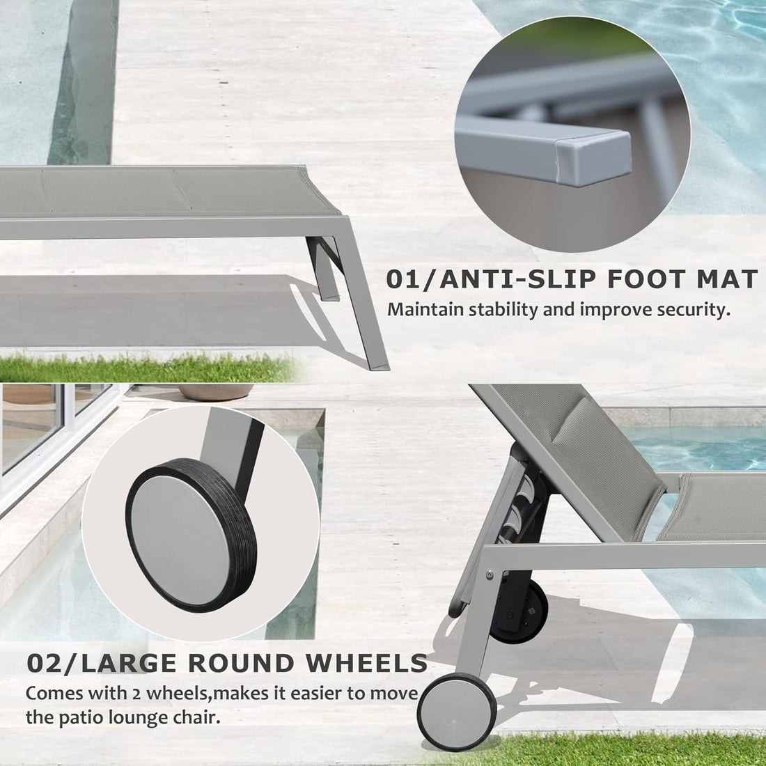 Outdoor Patio Chaise Lounge Set Of 3, Aluminum Pool Lounge Chairs With Side Table And Wheels, Textilene Padded Adjustable Recliner All Weather For Poolside, Beach, Yard, Balcony Gray Grey Aluminum