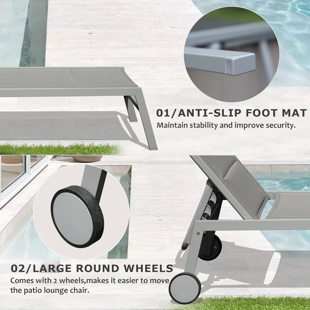 Outdoor Patio Chaise Lounge Set Of 3, Aluminum Pool Lounge Chairs With Side Table And Wheels, Textilene Padded Adjustable Recliner All Weather For Poolside, Beach, Yard, Balcony Gray Grey Aluminum