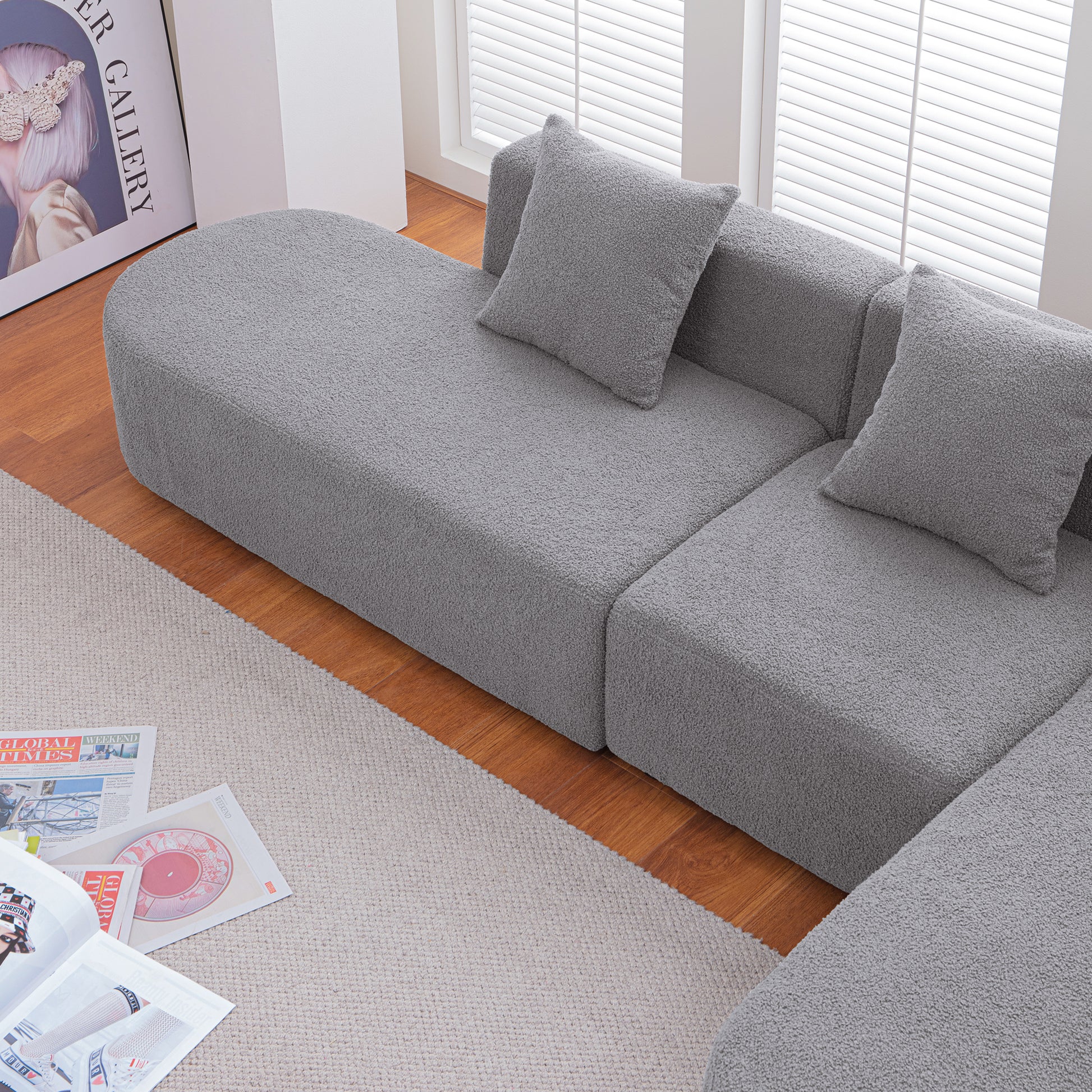 Modern L Shape Boucle Sofa With Curved Seat Facing Right Gray Modern Boucle