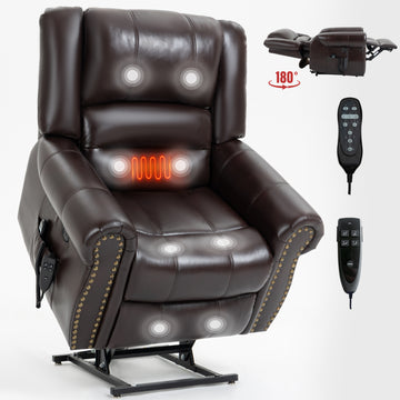 Power Lift Recliner Chair Heat Massage Dual Motor Infinite Position Up To 350 Lbs, Faux Leather, Heavy Duty Motion Mechanism With Usb Ports, Brown White Metal Primary Living Space Heavy Duty Pine Antique Brown Faux Leather Power Remote Medium Firm Pillow