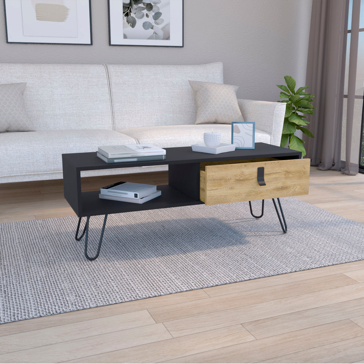 Huna Coffee Table With Hairpin Legs And Large Storage Drawer Multicolor Desk Top Primary Living Space Modern Manual Rectangular Shelves Coffee & End Tables Rectangular Mdf Engineered Wood