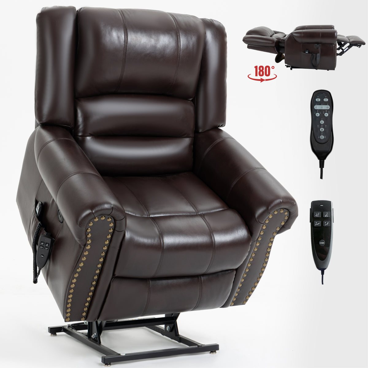 Power Lift Recliner Chair Heat Massage Dual Motor Infinite Position Up To 350 Lbs, Faux Leather, Heavy Duty Motion Mechanism With Usb Ports, Brown White Metal Primary Living Space Heavy Duty Pine Antique Brown Faux Leather Power Remote Medium Firm Pillow